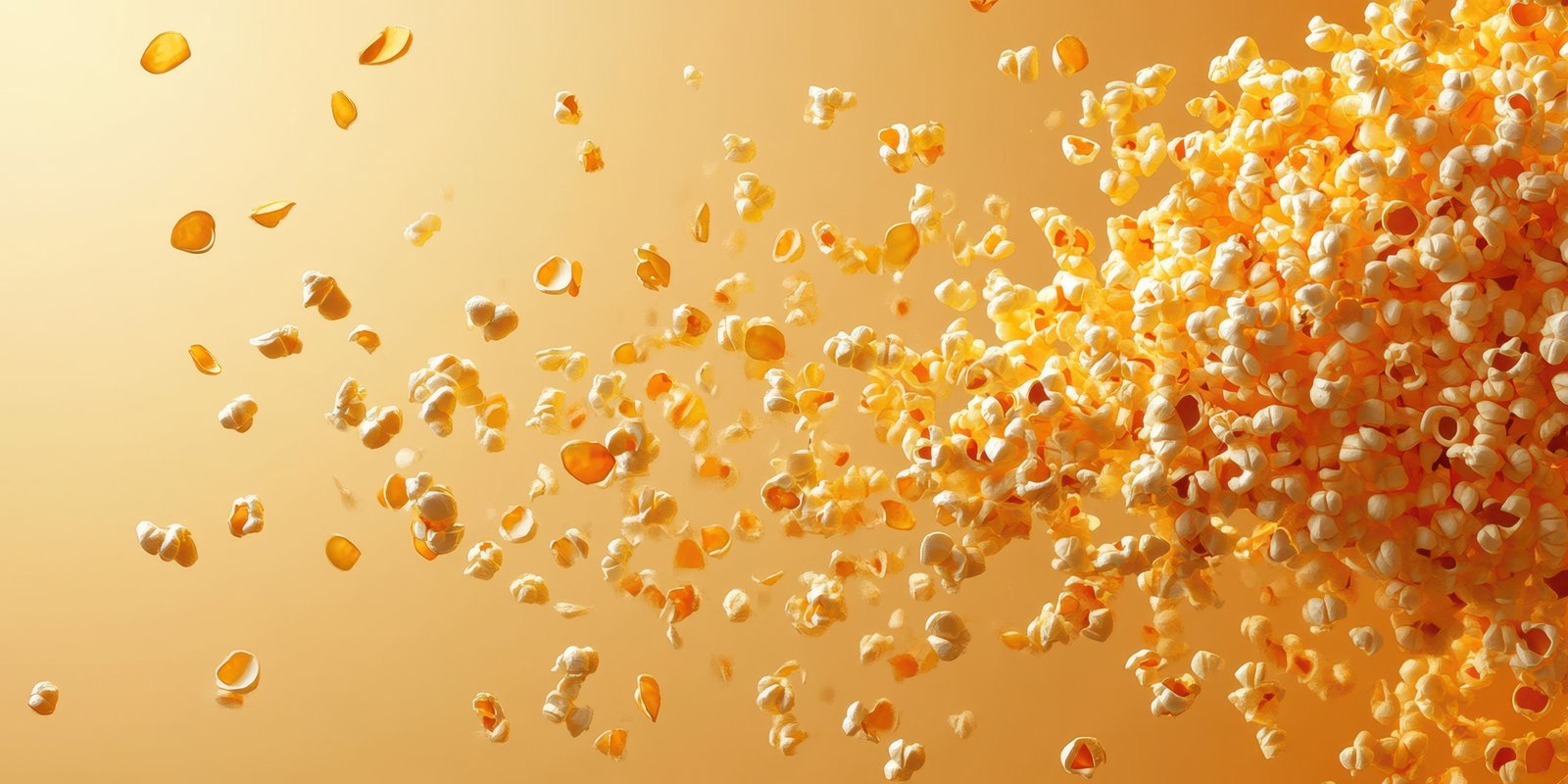 Popcorn kernels burst into the air creating a dynamic explosion of colors and textures against a warm background